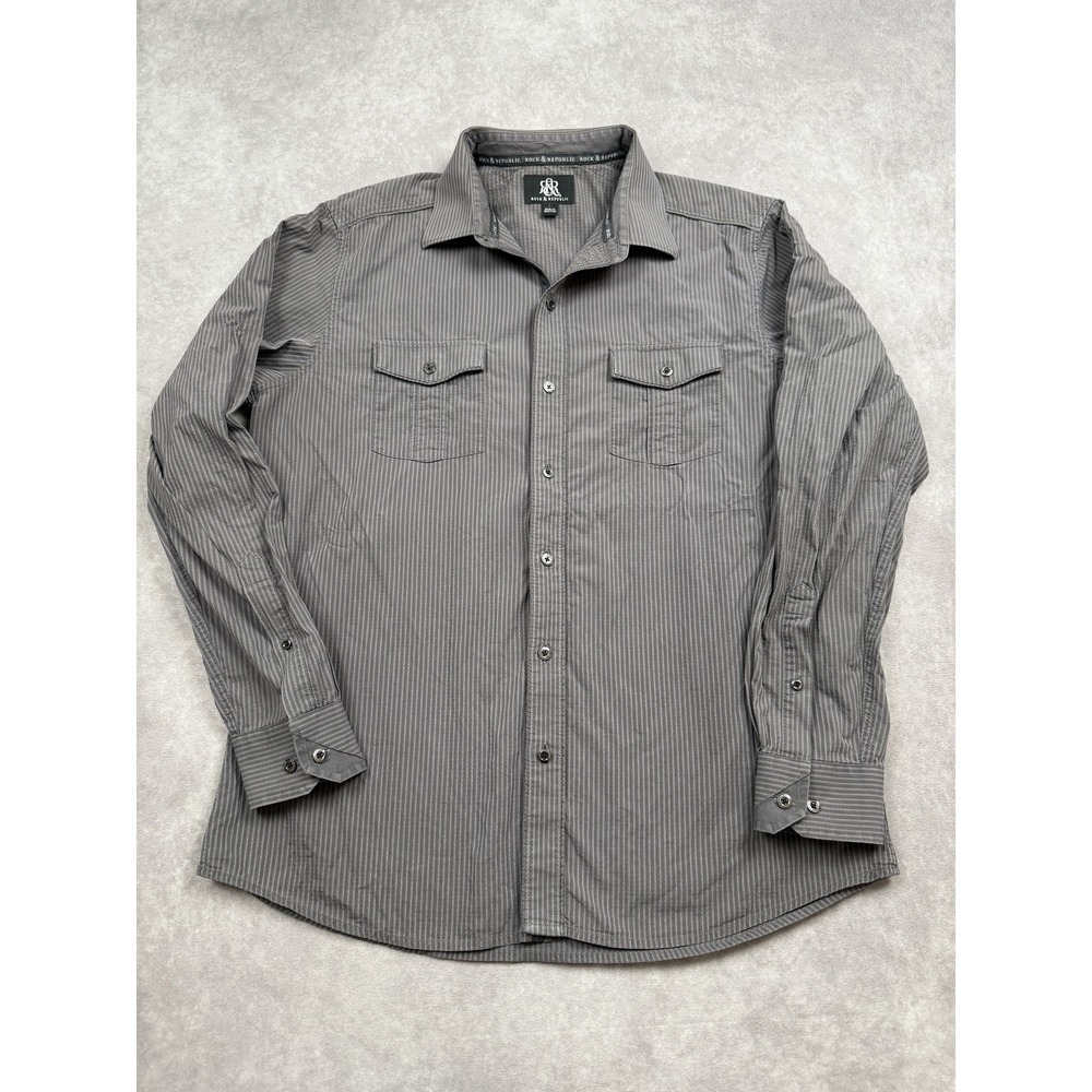 Rock & Republic Shirt‎ Mens Large Gray Pinstripe Western Button Up Long Sleeve